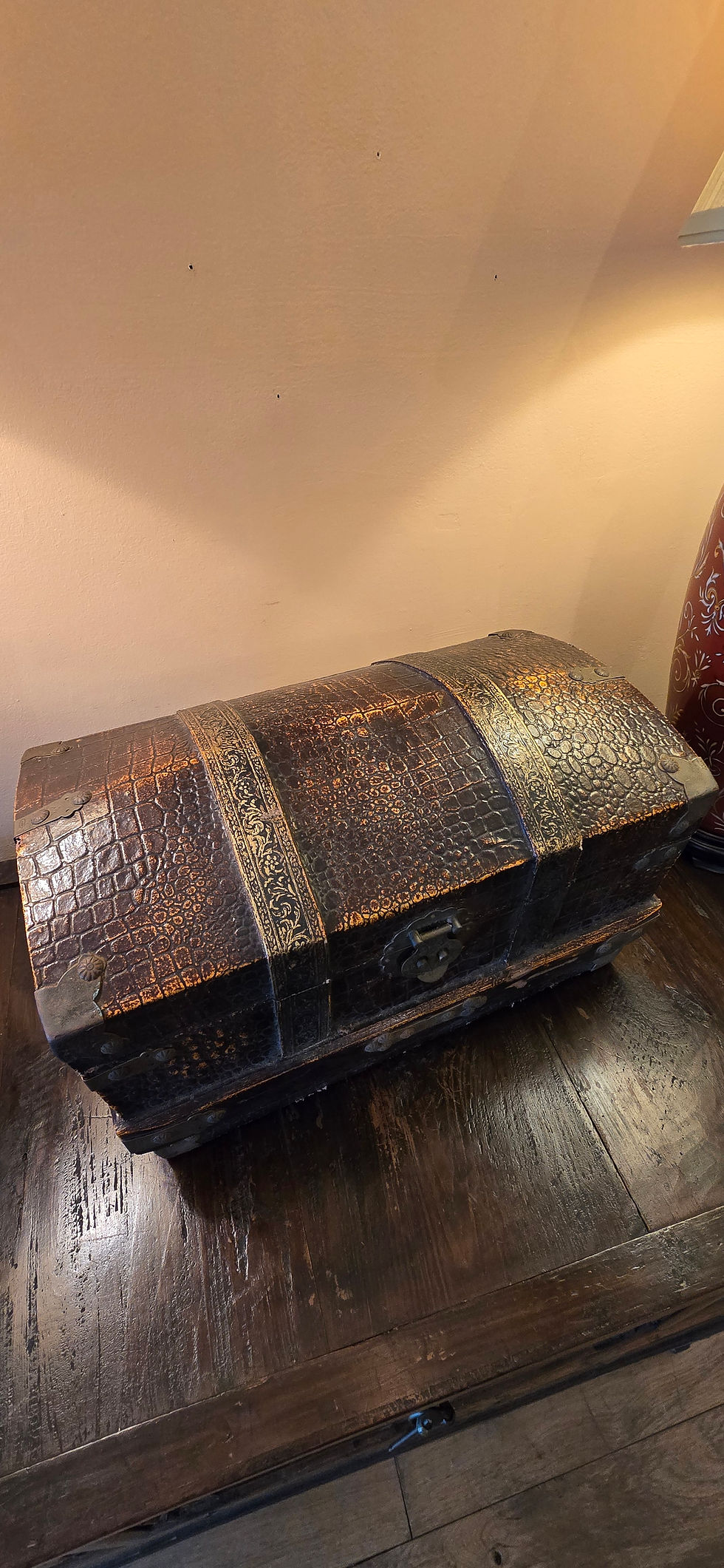 Thumbnail: Antique Chinese Faux Crocodile Skin And Brass Bound Dome LIdded Casket / Chest