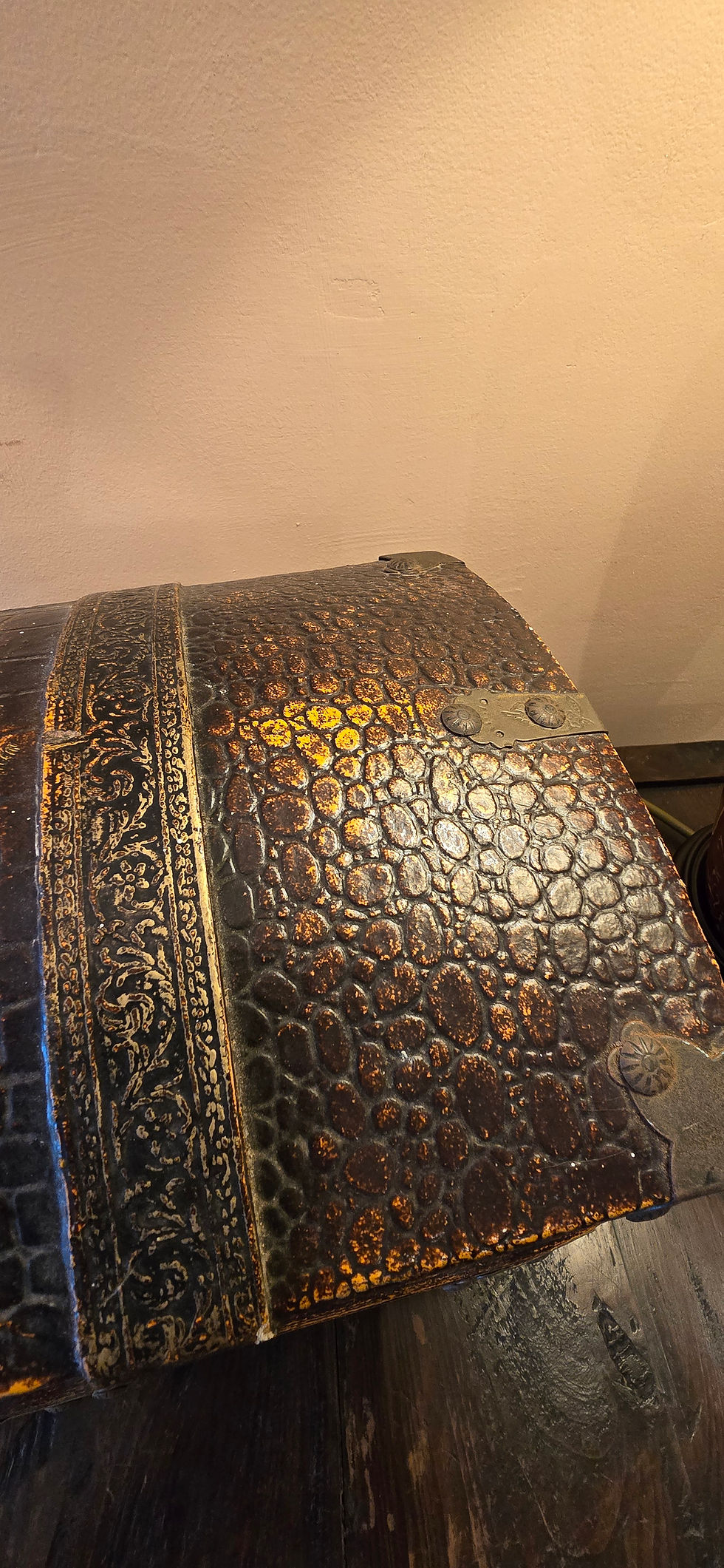 Thumbnail: Antique Chinese Faux Crocodile Skin And Brass Bound Dome LIdded Casket / Chest
