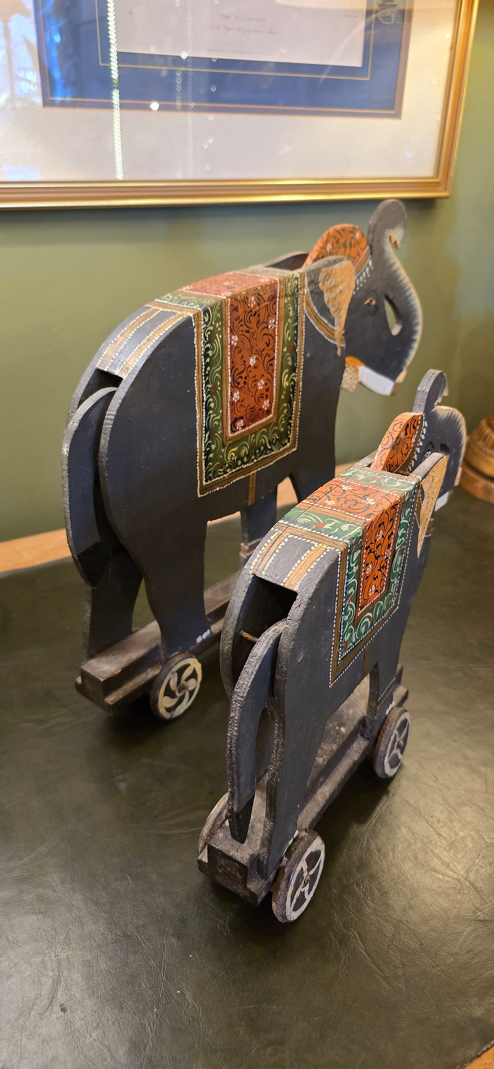 Thumbnail: A Pair Of Vintage Handmade And Painted Indian Elephants Pull Along Toys