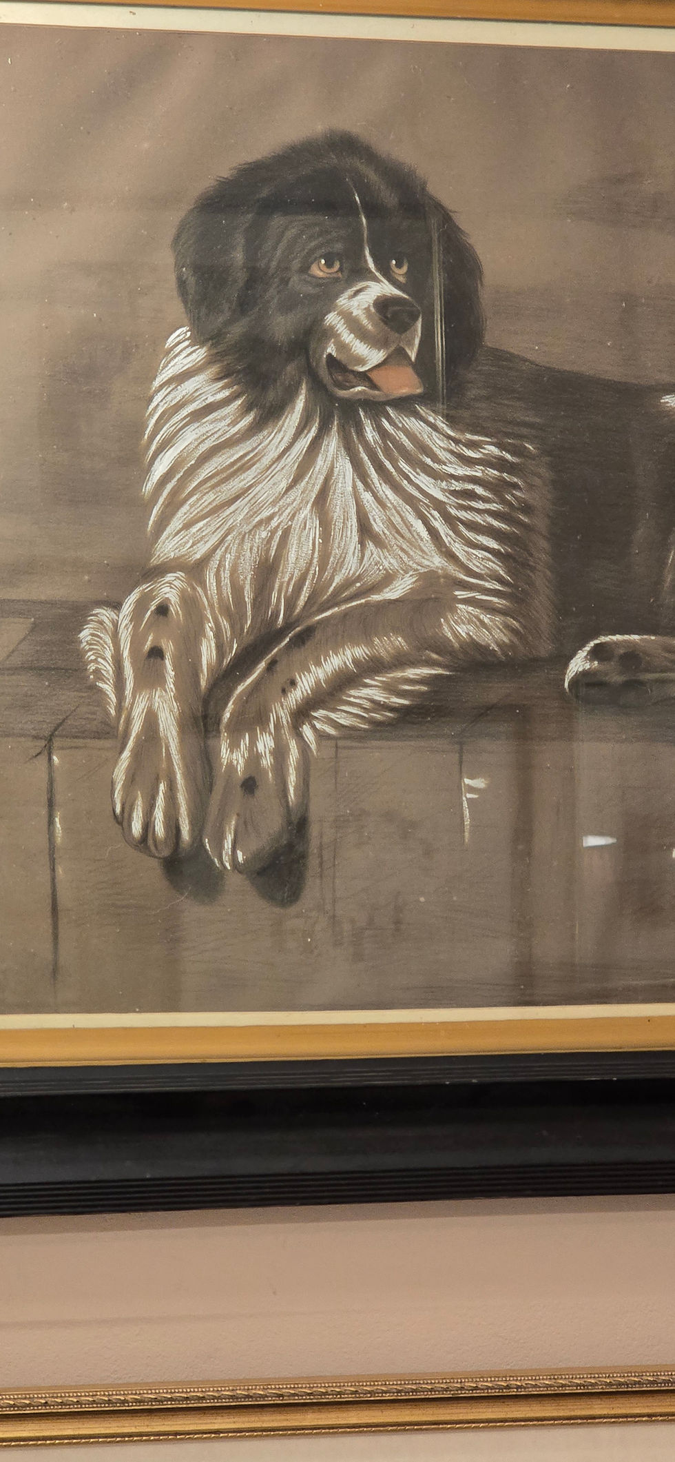 Thumbnail: Antique Chalk And Pastel Painting Of A Reclining Dog Signed And Dated 1885.