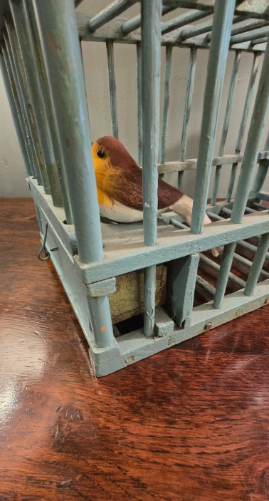 Thumbnail: Vintage Mid 20th Century Handmade Wooden Bird / Finch Cage Painted