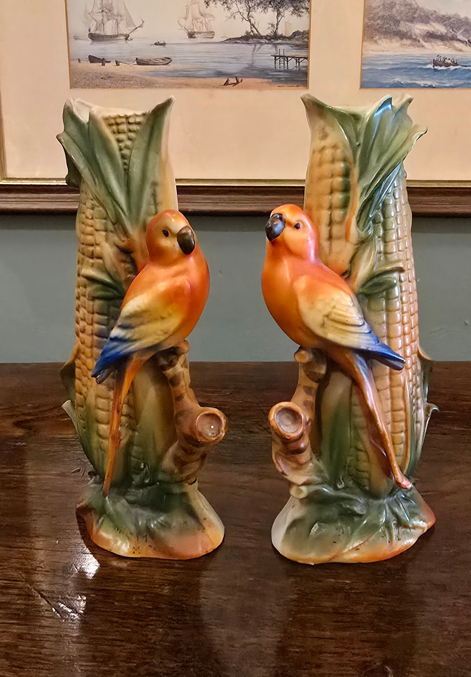 air Of Antique Continental Porcelain Spill Vases Parrots On Corn Cobs Birds