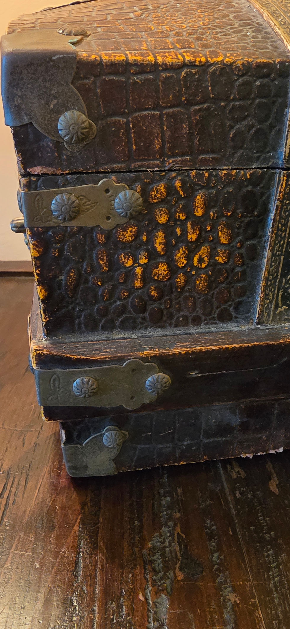 Thumbnail: Antique Chinese Faux Crocodile Skin And Brass Bound Dome LIdded Casket / Chest