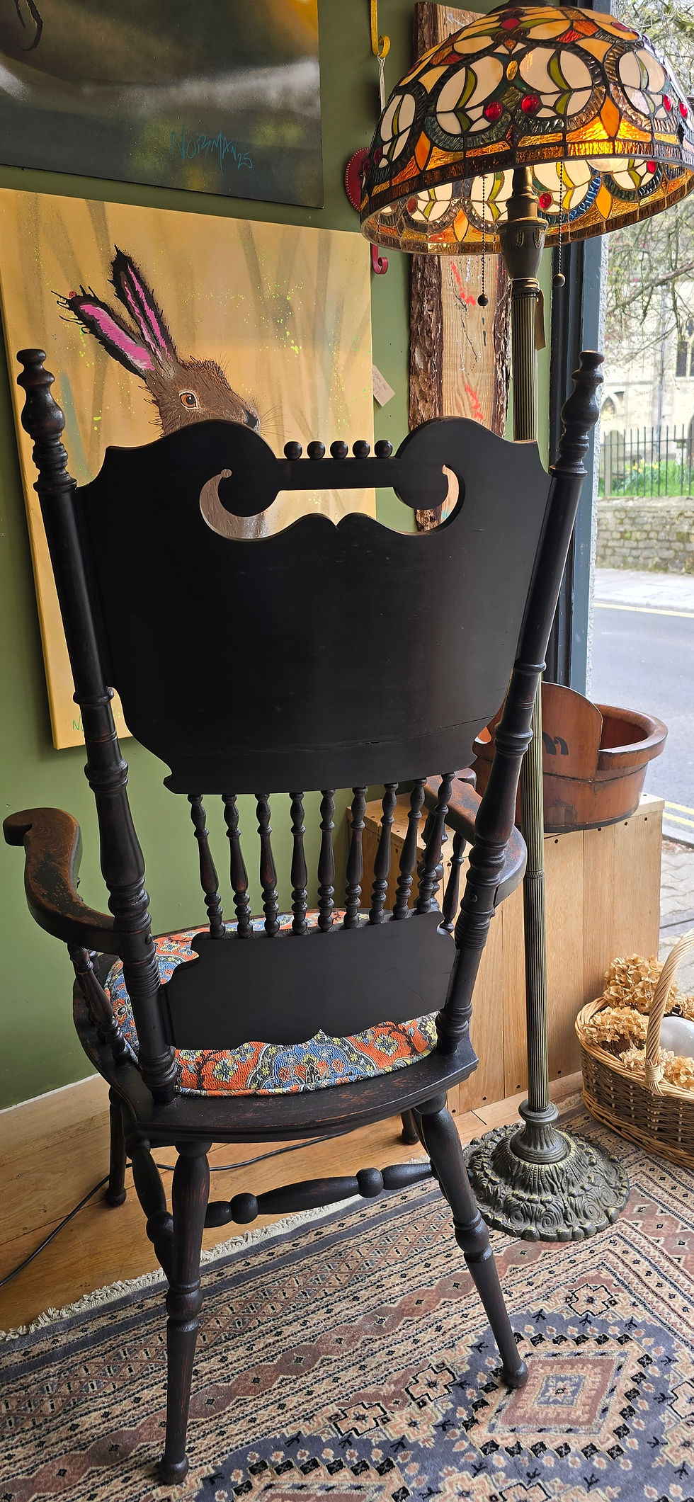 Thumbnail: Antique American Spindle Back Bobbin Turned Armchair Newly Upholstered 1890's