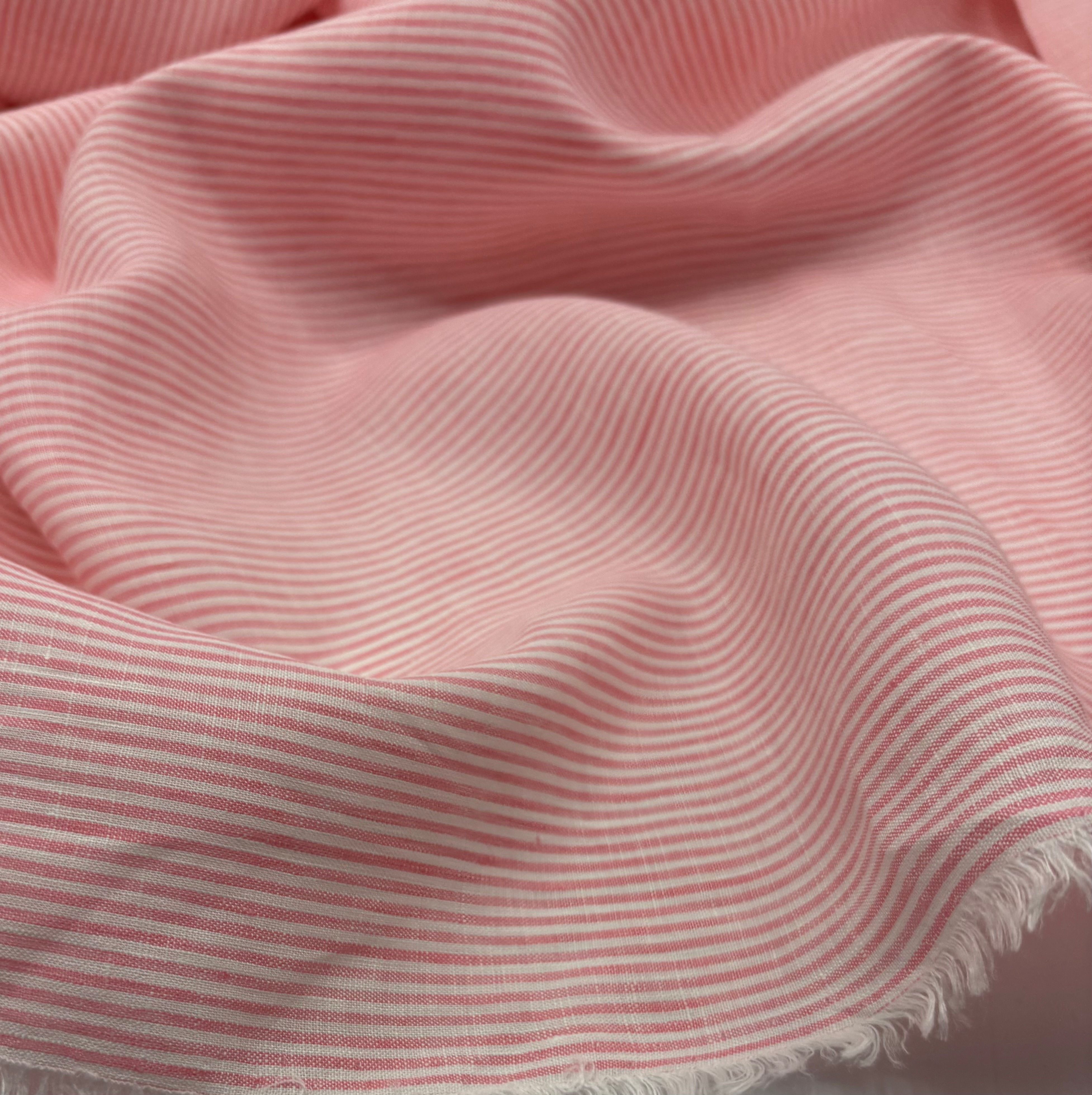 Salmon Pink Striped Linen Shirting Fabric - 2.0 Meters
