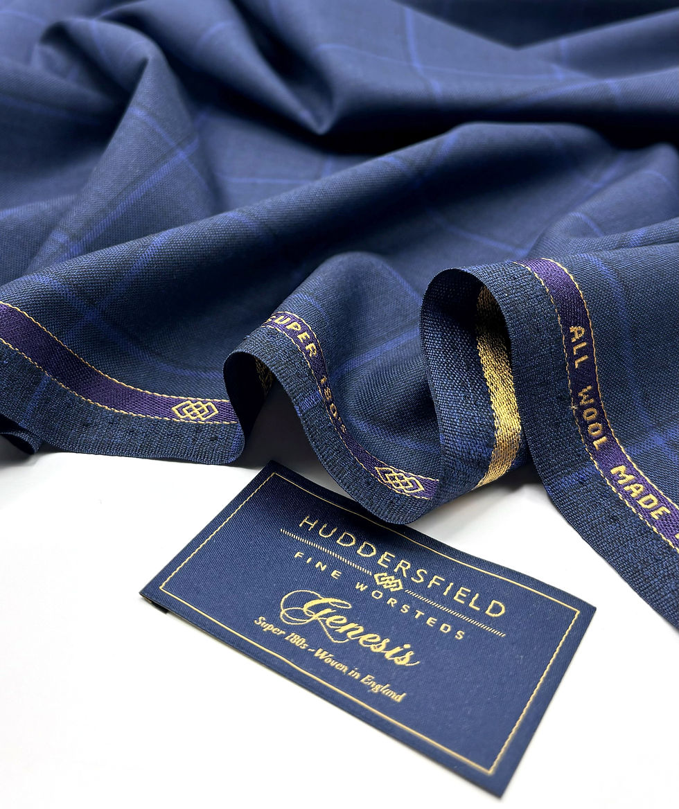 blue check super 180s wool fabric close up with woven label