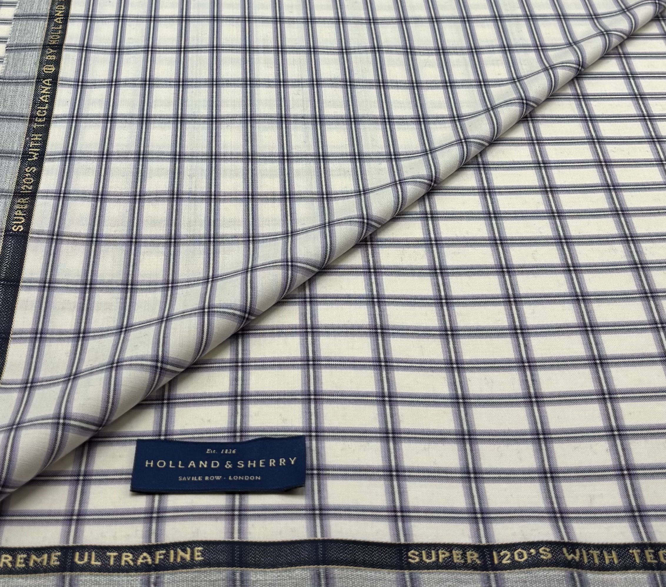 Purple Check Wool & Teclana Shirting Fabric By Holland & Sherry - SOLE PER METER