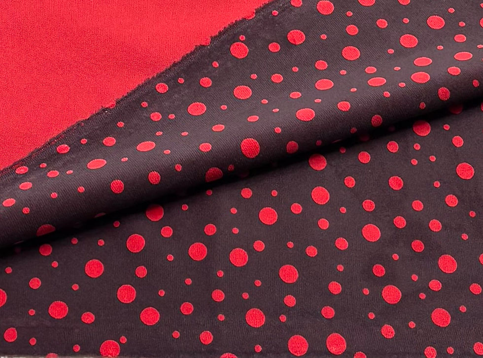 Thumbnail: Red & Maroon Polka Dot Polyester Velvet Fabric - SOLD PER METER