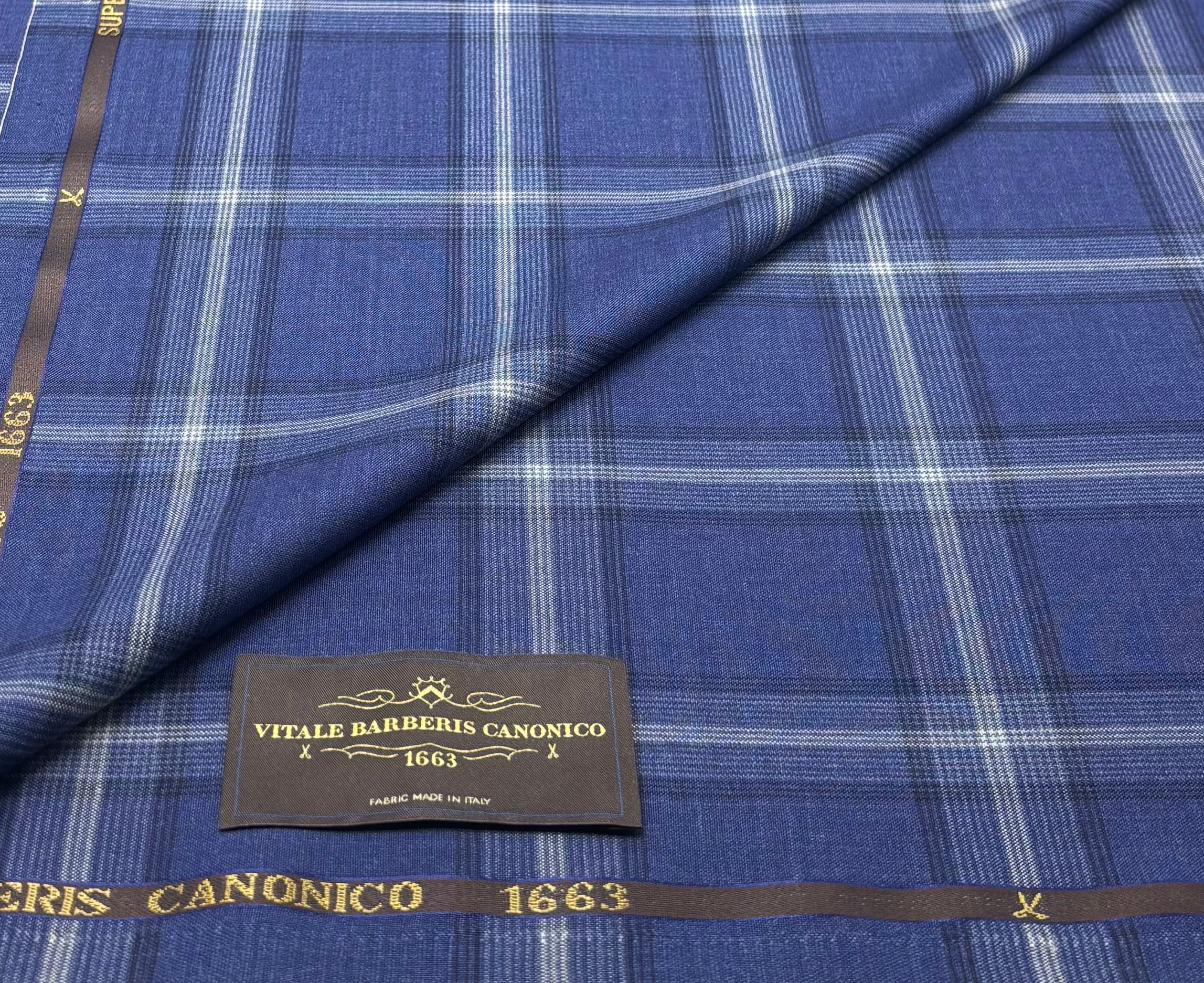 Blue & White Windowpane SUPER 120s Wool Fabric By VBC - 3.50 Meters