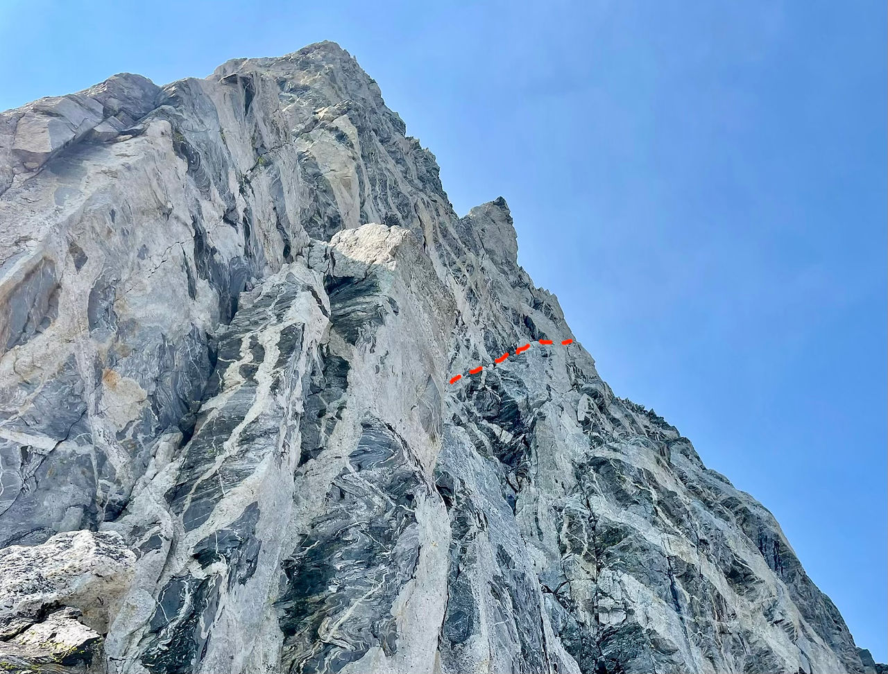 Looking up at the ledges on the North Face of Teewinot