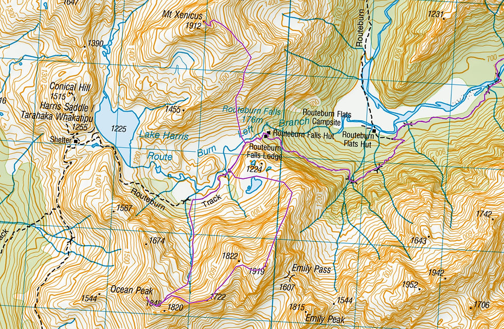 F-Knob, Ocean Peak, and Xenicus Route Topo Routeburn New Zealand