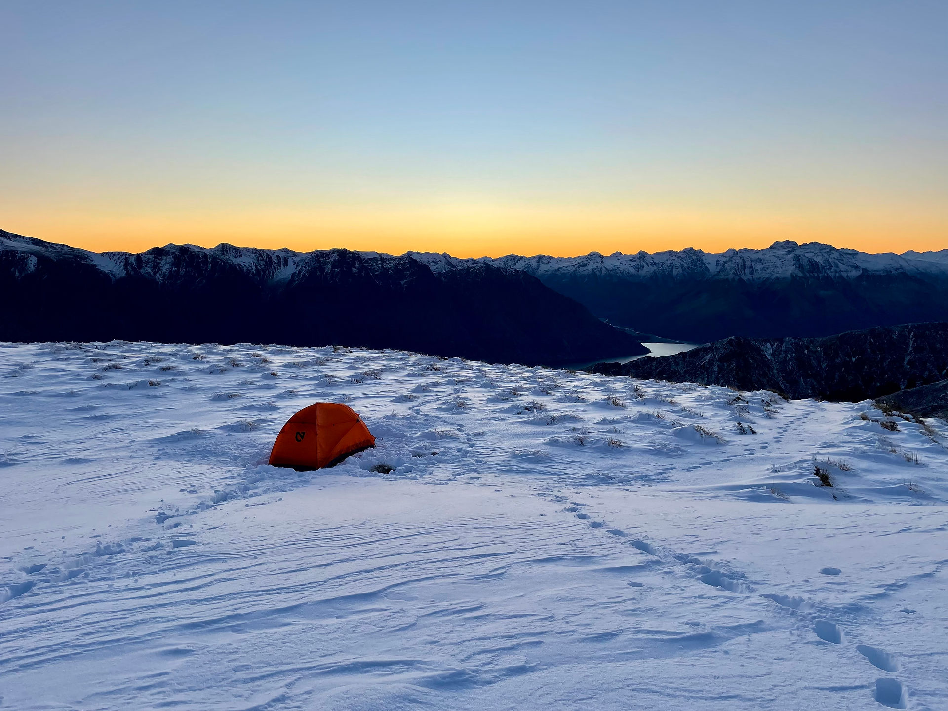 Sunset over Lake Wakatipu from the Hector Mountains