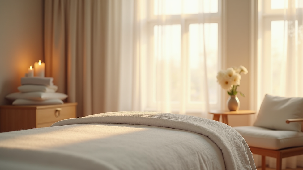 Eye-level view of a serene therapy room with soft lighting and calming decor