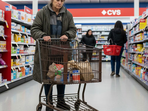 A woman in a green coat pushes a grocery cart in a store, appearing pensive. Shelves display various products in the bright, busy aisle. Government shutdown SNAP cuts