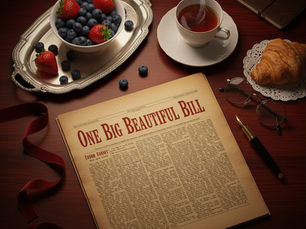 Breakfast scene with a newspaper titled "ONE BIG BEAUTIFUL BILL," a bowl of berries, a steaming tea cup, a croissant, and glasses on a table. impact of government bills on vulnerable families