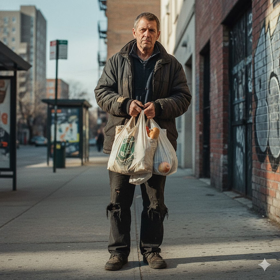 Man holding grocery bags stands on urban sidewalk, wearing a jacket and ripped jeans. Background shows buildings and a bus stop. Mood is somber. SNAP freeze