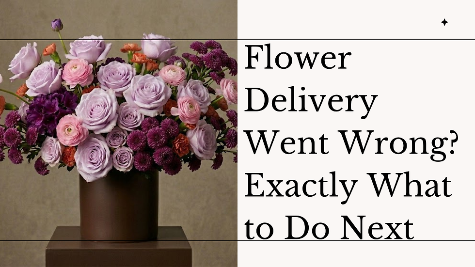 Bouquets of pink and purple flowers in a brown vase beside text: Flower Delivery Went Wrong? Exactly What to Do Next