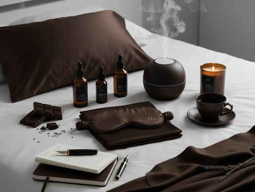Brown and white cozy setup on a bed with pillow, eye mask, notebooks, pen, essential oils, chocolate, diffuser, candle, and cup. Relaxing mood. fresh flowers improve sleep