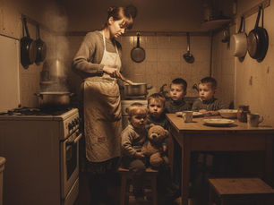 Woman cooking in dim kitchen, stirring pot on stove. Four children watch from table with empty plates. Warm, moody lighting. SNAP benefits halted