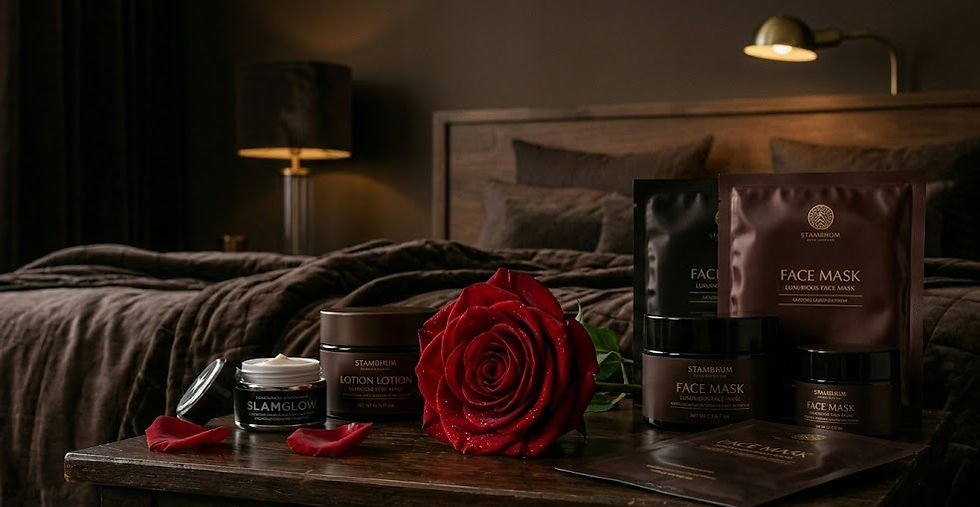 Earth Garden Flower Shop: Skincare products and a red rose on a wooden table in a dimly lit bedroom. Brown tones, elegant setting, and soft lighting create a cozy mood.