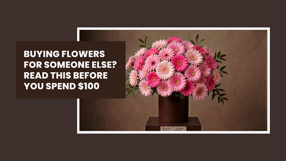 Pink gerbera daisies in a vase beside bold text: Buying flowers for someone else? Read this before you spend $100