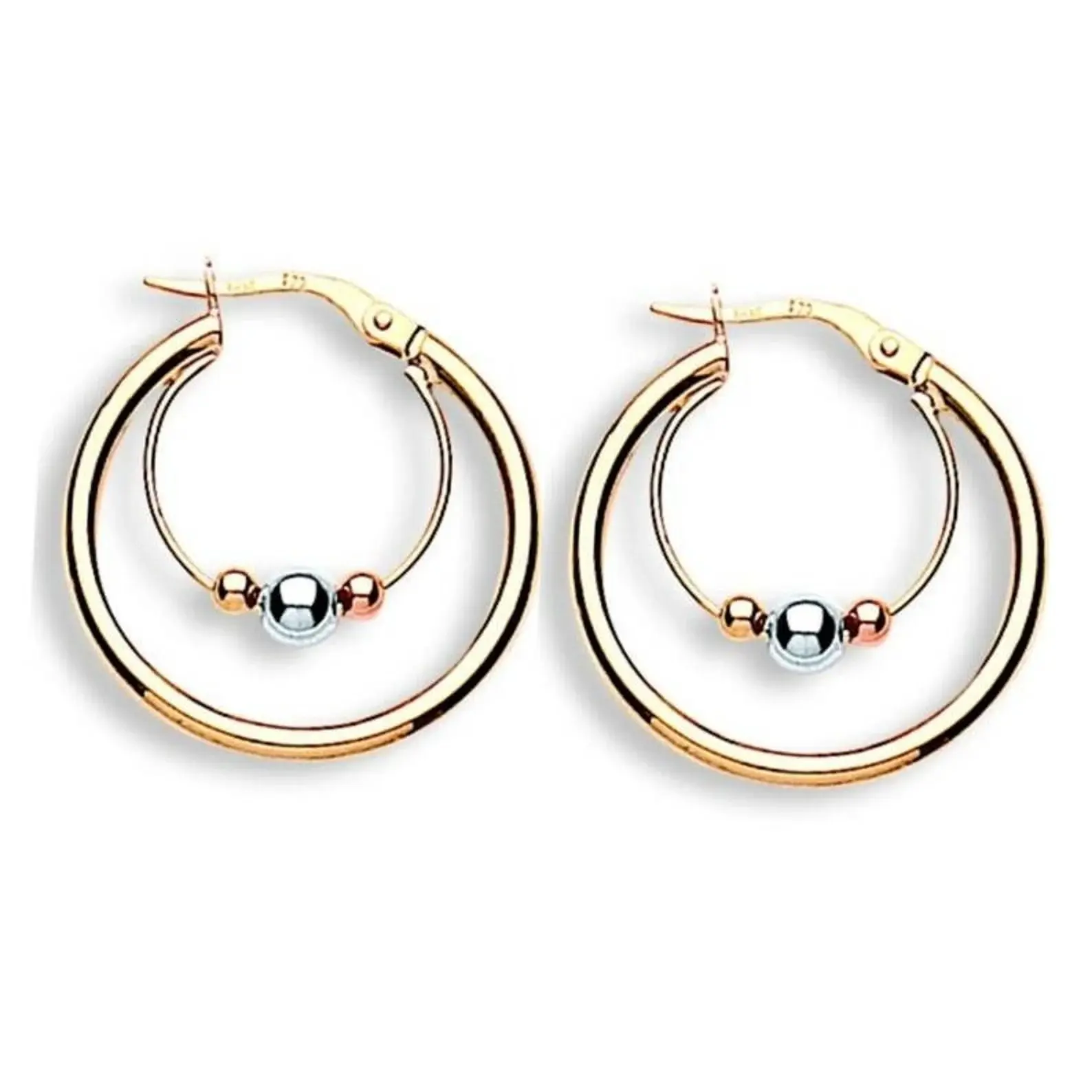 9ct Gold Double Hoop Ball Earrings Three Coloured Gold 14mm Ladies 9ct Gold Ladi