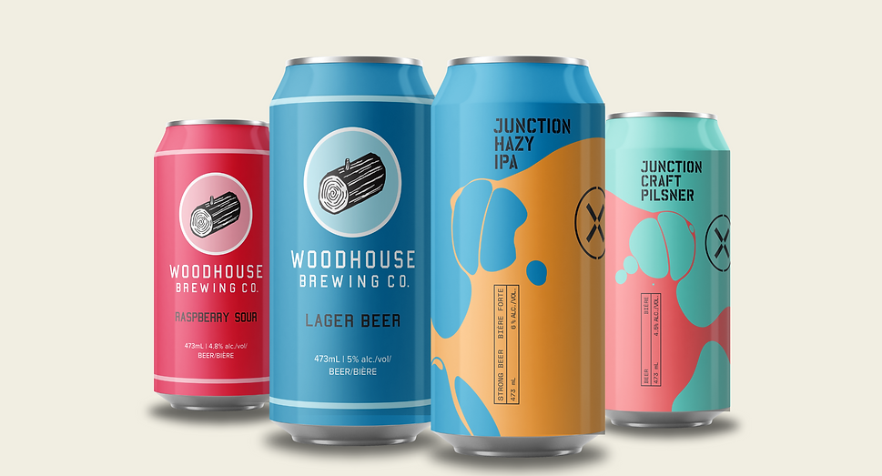 cans of wh raspberry sour, wh amber lager, jcb hazy ipa, jcb pilsner