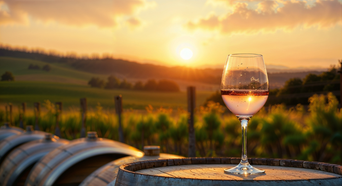 Glass of wine on barrel in front of sprawling Napa Valley vineyard
