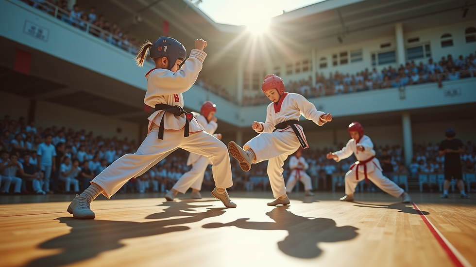 Eye-level view of Taekwondo students training