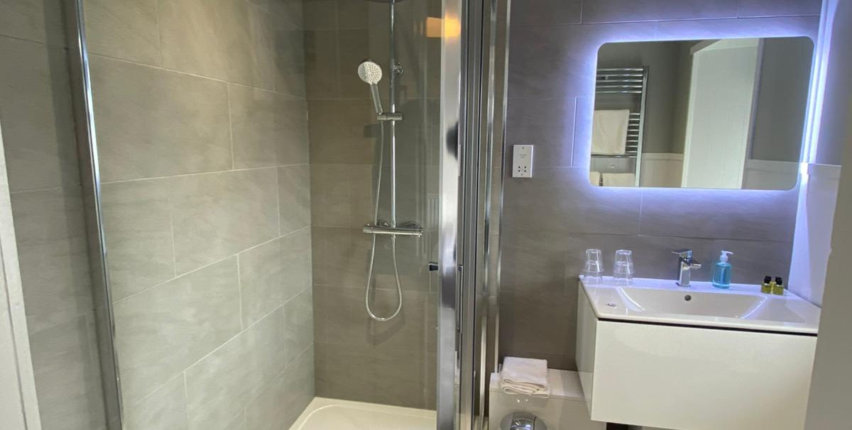 modern ensuite bathroom room in guesthouse, standing shower modern bathroom