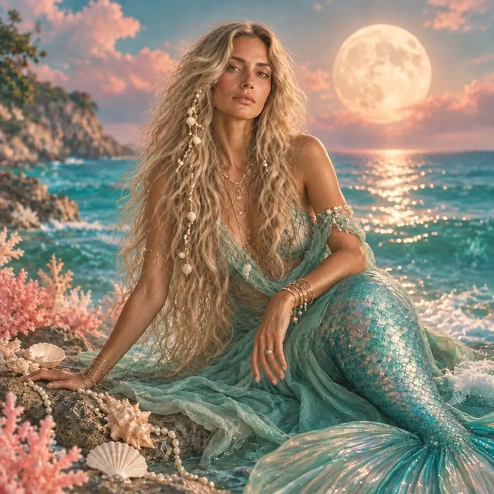 Digital illustration of a mermaid woman sitting on a rocky seashore at twilight with pink coral nearby. The scene has a magical and ethereal quality, featuring a full moon over the ocean.