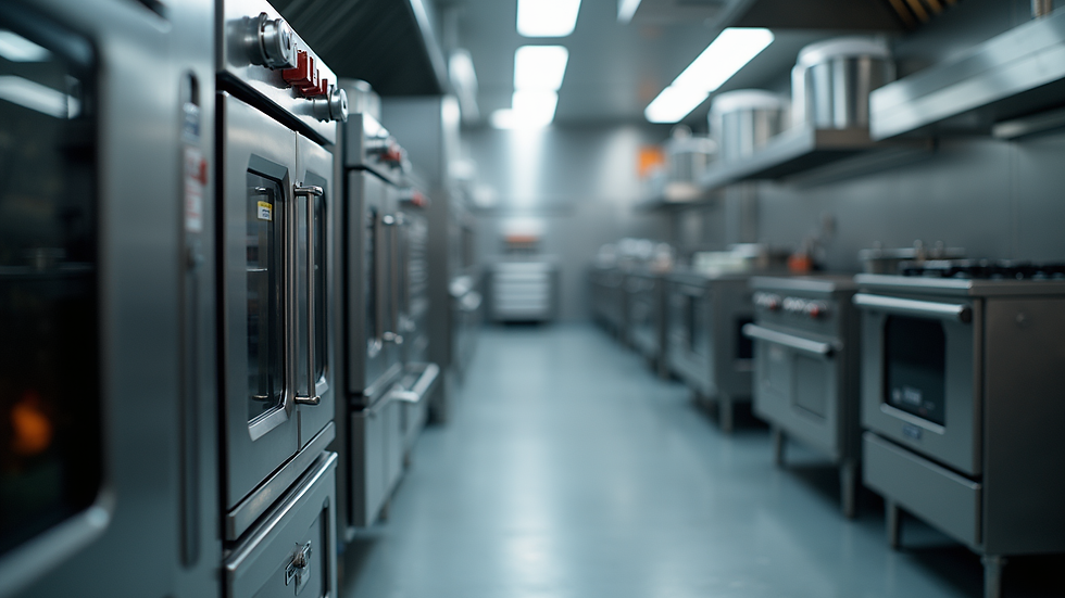 Eye-level view of commercial kitchen with stainless steel ovens and ranges