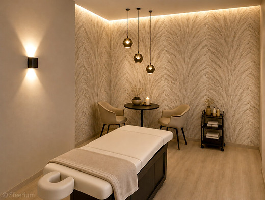 Interieur schoonheidssalon met rustgevende behandelkamer met warme kleuren en sfeervolle meubels
