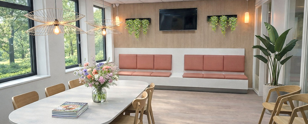 Huisartsenpraktijk met een rustgevend interieurontwerp en inrichting voor de wachtruimte, gangen en entree.