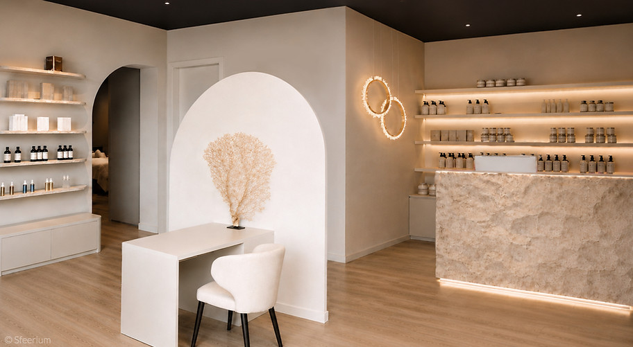 Luxe schoonheidssalon interieurontwerp en inrichting met rustgevende sfeer en warm interie