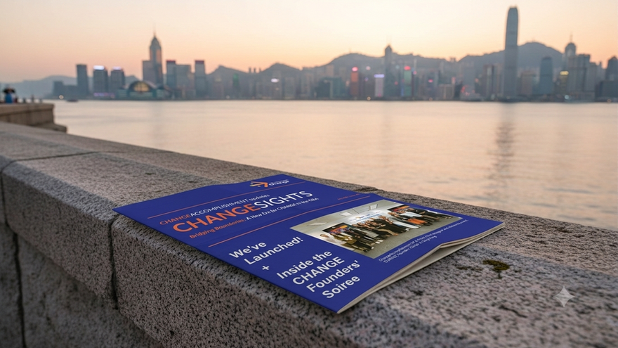 The inaugural issue of the CHANGESIGHTS e-newsletter on a digital screen, designed for change leaders in Hong Kong.