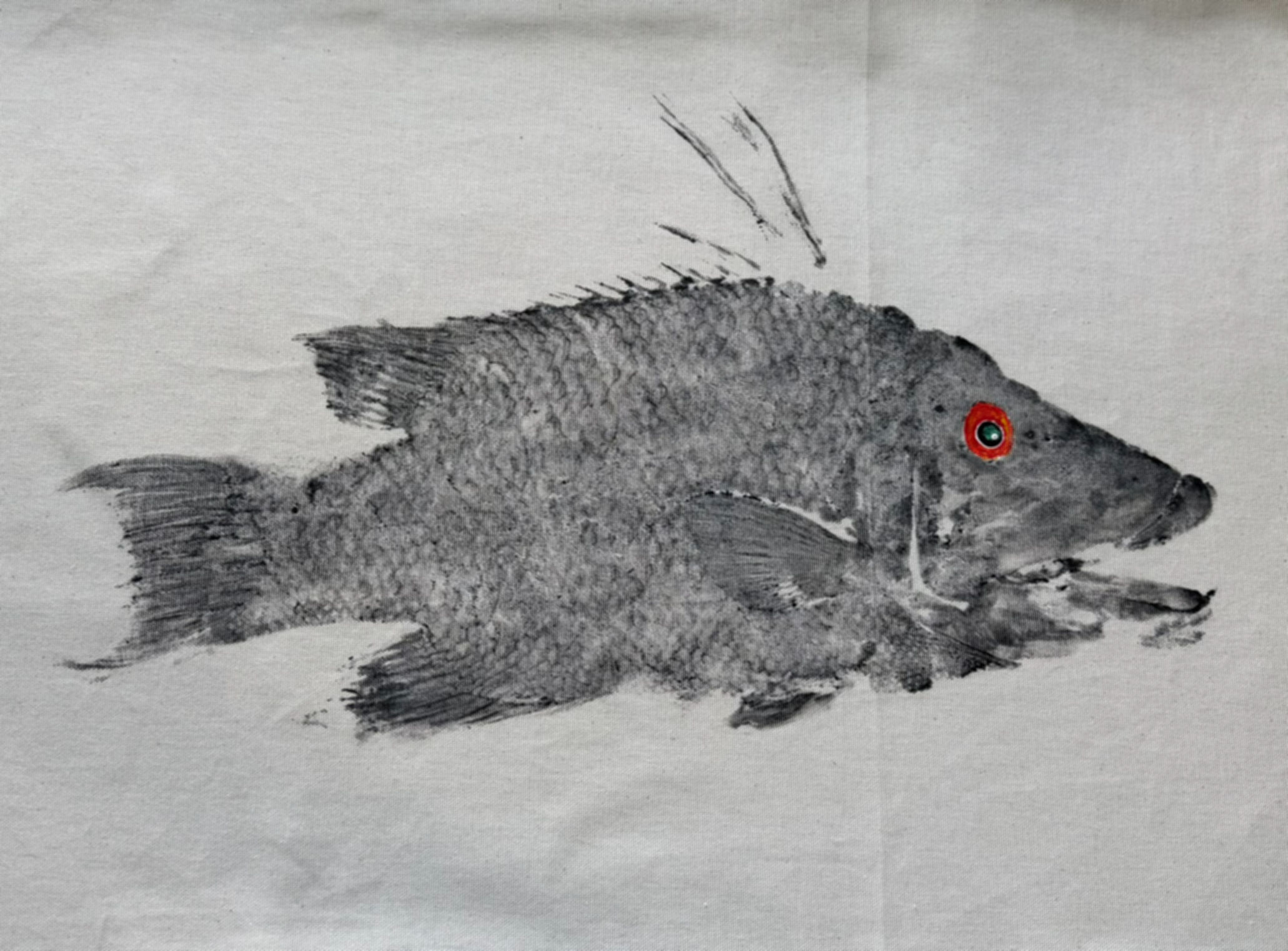 Hogfish Gyotaku on White Linen on Bamboo 20" X 27"