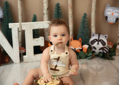 Baby reaching for frosting during first birthday cake smash, neutral forest backdrop