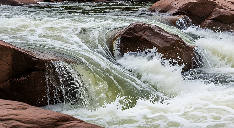 Raging river water flows over and around large rocks