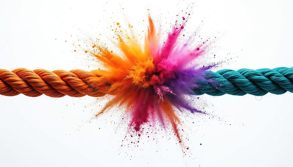 Two thick ropes under extreme tension collide creating a vibrant colorful powder explosion against a white background. Shows power break stress and creation.