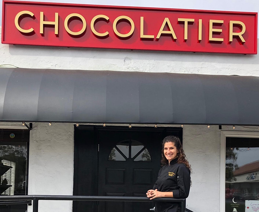 Owner outside her San Diego chocolate shop, Chocolatier.