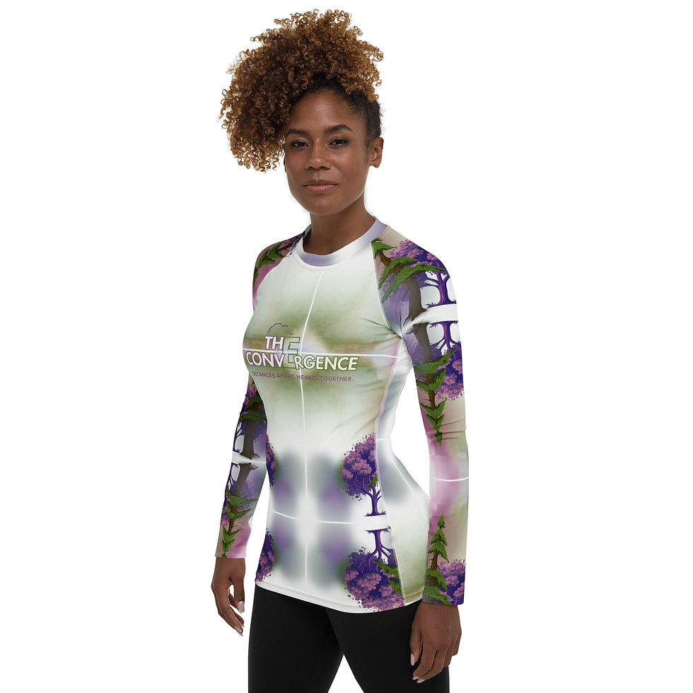 Thumbnail: Model wearing The Convergence DAHT women's long sleeve rash guard for swimming, surfing, and outdoor fitness