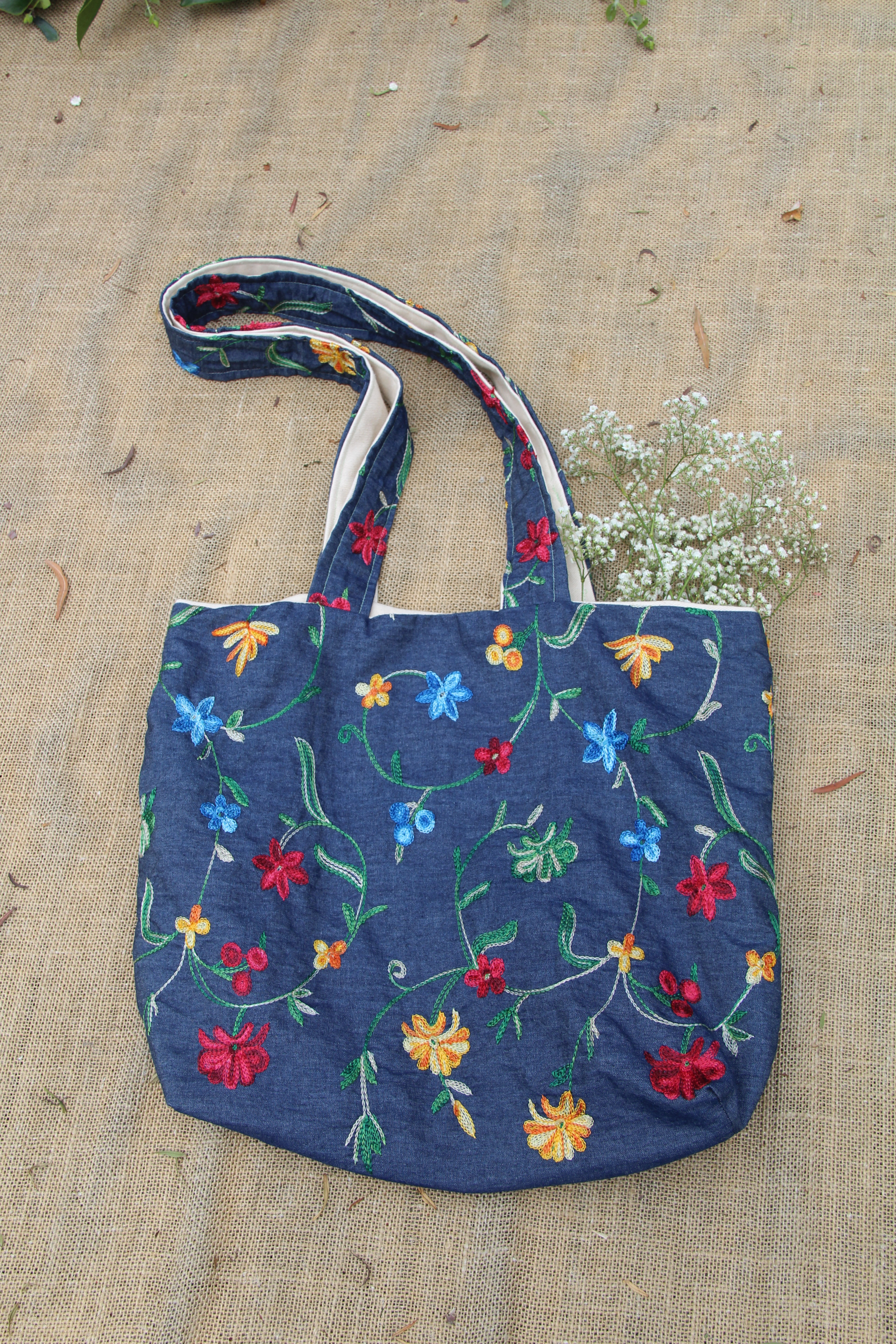 Flower Denim Tote Bag