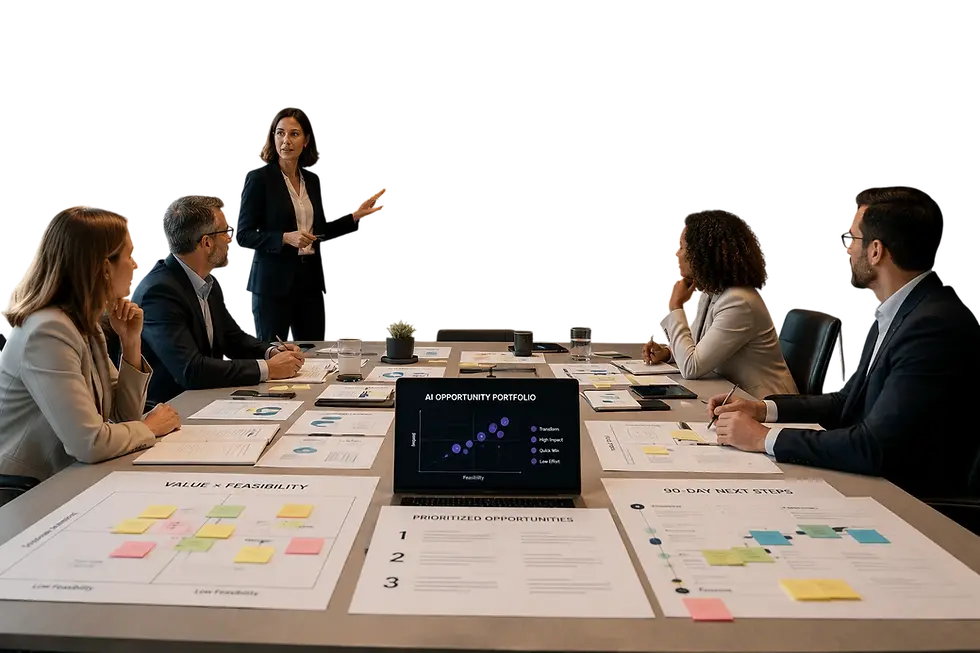 Boardroom of executives reviewing AI opportunity prioritization dashboards