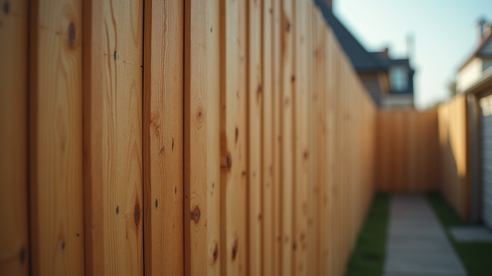 Eye-level view of wooden fence panels installed along a residential property