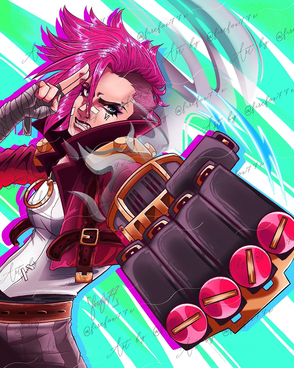 Animated Vifrom Arcane with pink hair and powerful mechanical gauntlet.