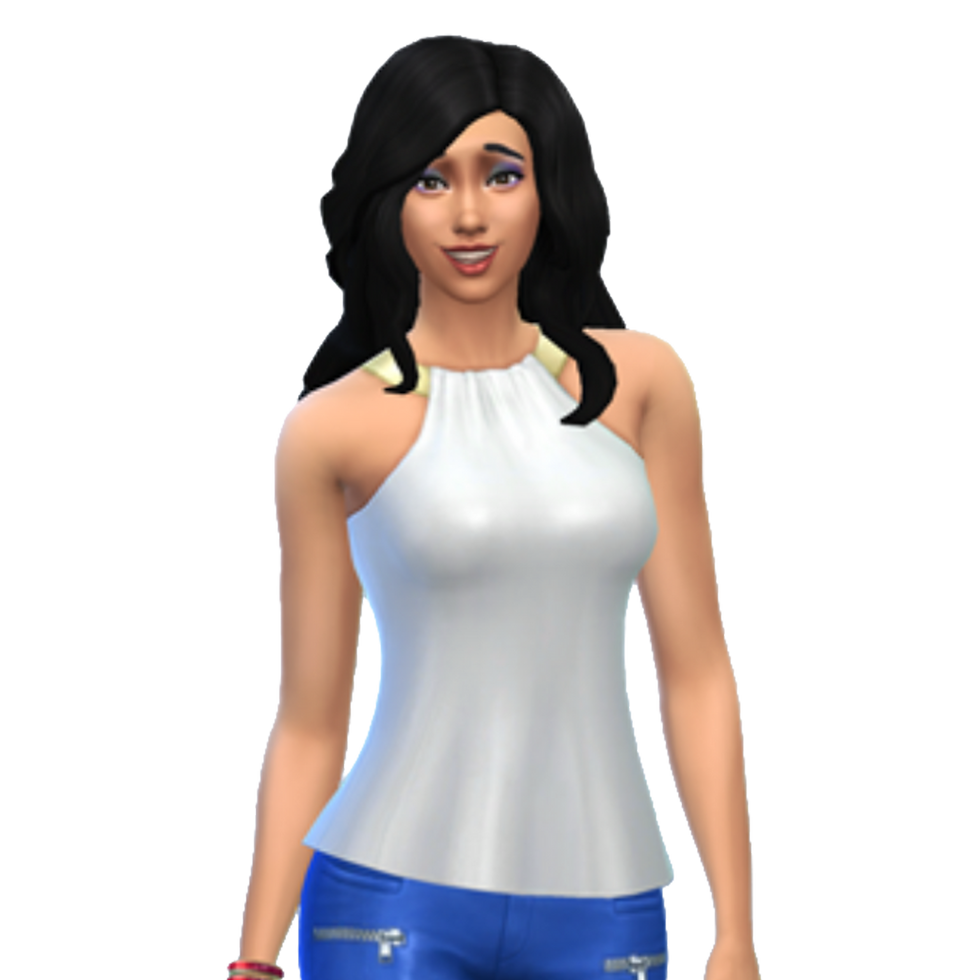 Smiling Sims woman with long dark hair, white halter top, blue jeans.