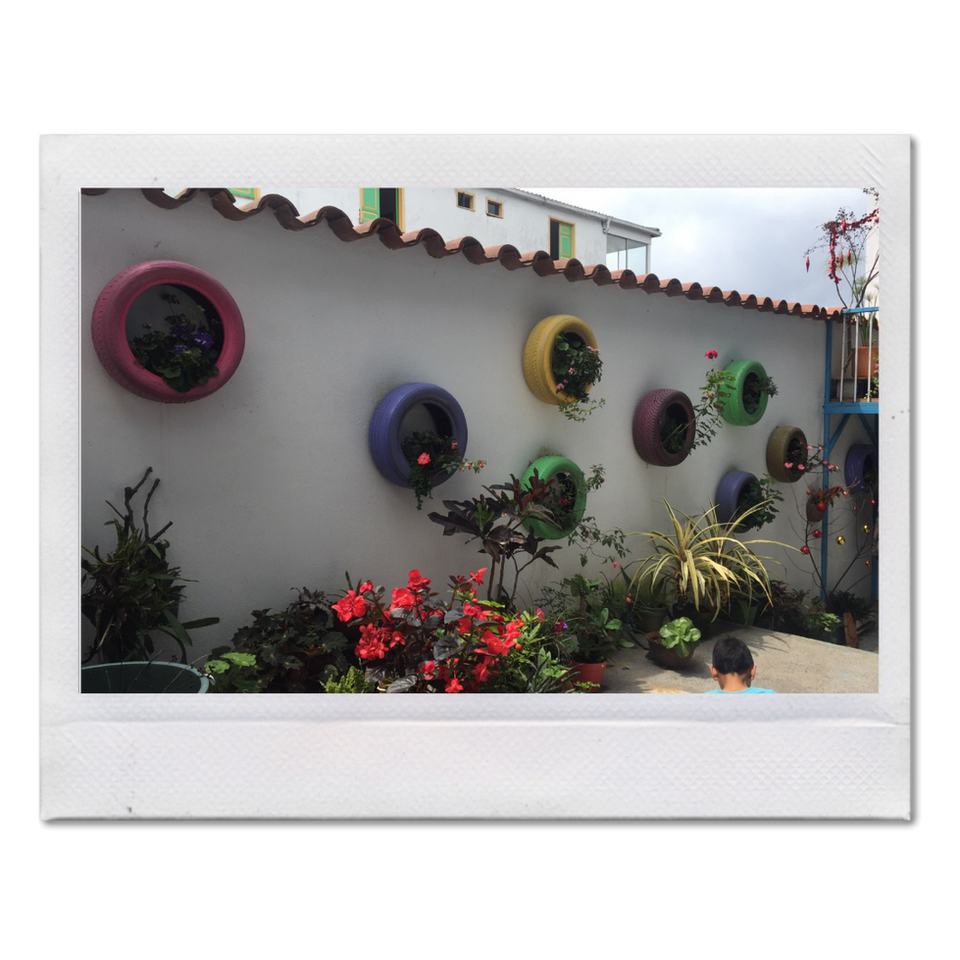Colorful tire planters on a white wall with garden flowers