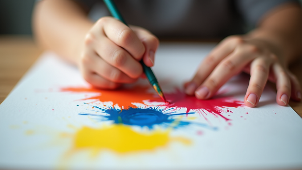 Close-up view of a child’s hands painting with bright colors on paper