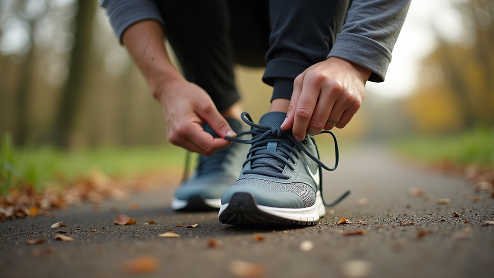 Close-up view of a person tying running shoes on a park trail